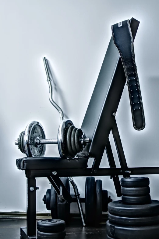 a close up of a bench with weights on it, shutterstock, bauhaus, half body photo