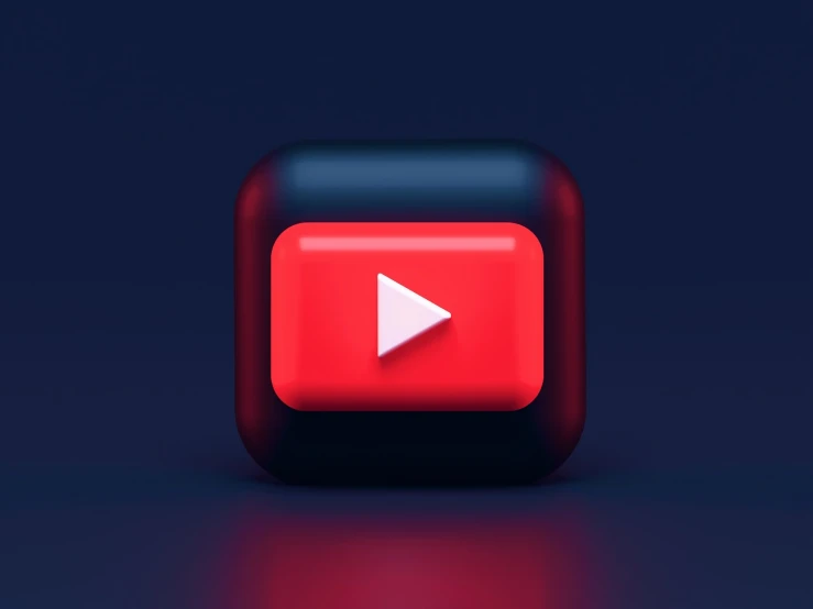 a red button with a play button on it, a digital rendering, trending on cg society, youtube logo, with a blue background, 3d modelling, animated style