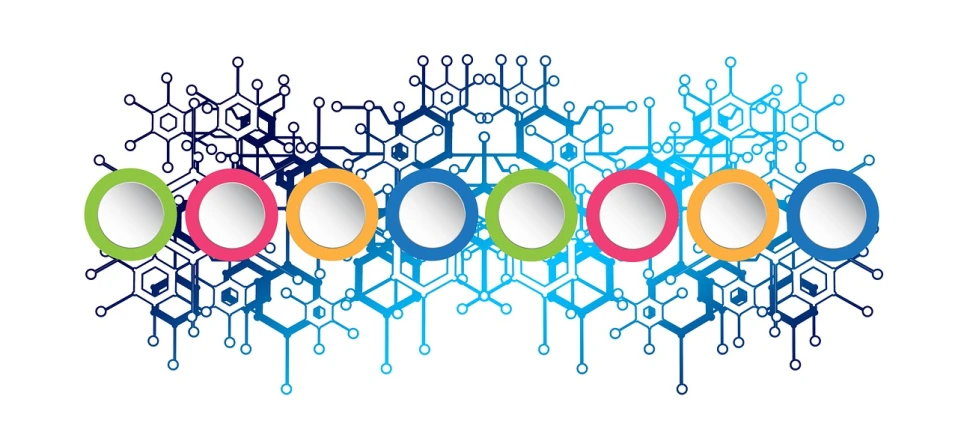 a group of different colored circles on a white background, a digital rendering, trending on pixabay, circuitry, bio chemical illustration, mirrors, header with logo