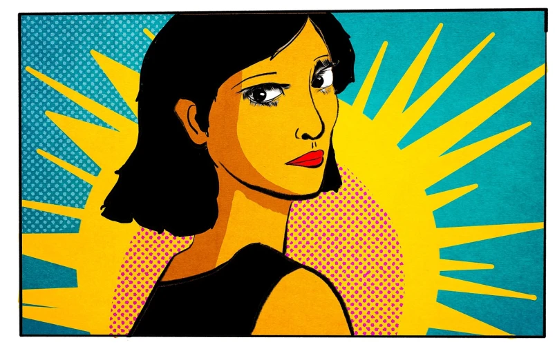 a painting of a woman with a sun in the background, inspired by Lichtenstein, pop art, freida pinto, mixed media style illustration, martin ansin, concerned expression