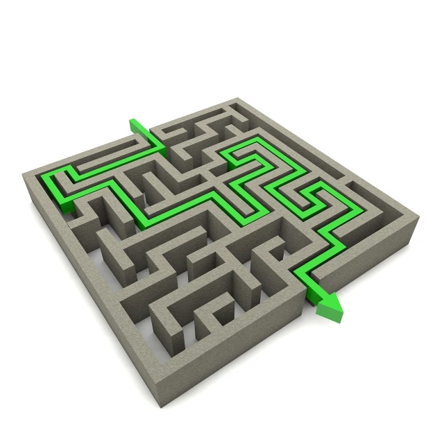 a maze with a green arrow going through it, conceptual art, 3d game object, connectedness, istockphoto, on a white background