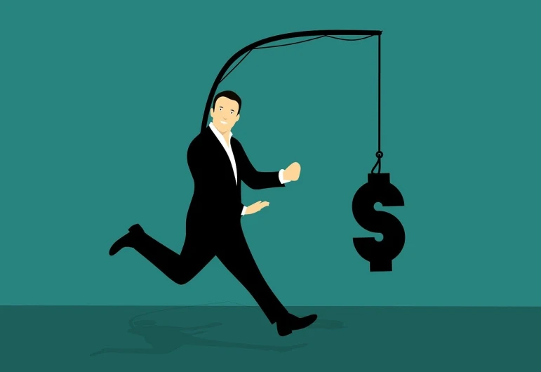 a man in a suit runs away from a hanging dollar sign, vector art, fishing, taken with canon 8 0 d, death of the money lenders, vector design
