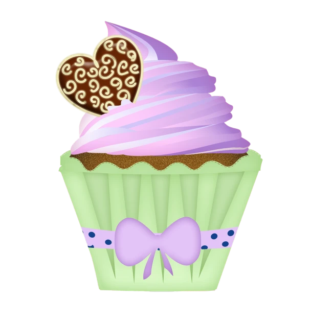 a cupcake with a heart on top of it, a pastel, purple and green colors, very detailed and high quality, ribbon, on a black background