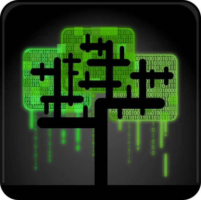a black and green picture of a tree, a digital rendering, matrix symbols in the background, !!! very coherent!!! vector art, roguelike style, operation