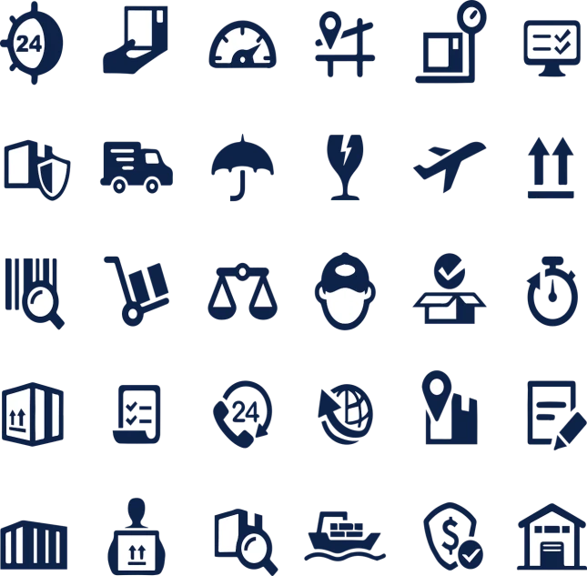 a bunch of blue icons on a black background, a stock photo, by Randy Post, bauhaus, shipping docks, case, packshot, dark blue color