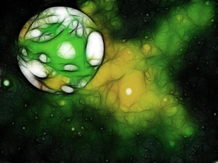 a close up of a soccer ball on a field, digital art, inspired by Ladrönn, deviantart, space art, full of greenish liquid, cellular structures, floating!!! in a nebula, surreal alien ribbed white fruit