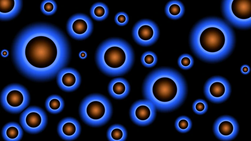 a bunch of blue circles on a black background, digital art, inspired by Yahoo Kusama, flickr, computer art, orange to blue gradient, brown holes, tileable, atoms floating