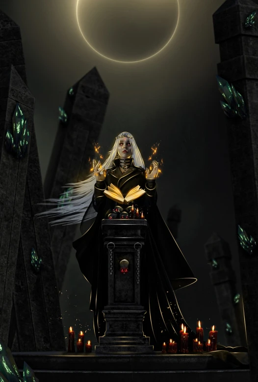 a woman sitting on a throne surrounded by candles, inspired by Xul Solar, cgsociety contest winner, noble elf male in black robes, rising from a crypt, high quality fantasy stock photo, white haired deity