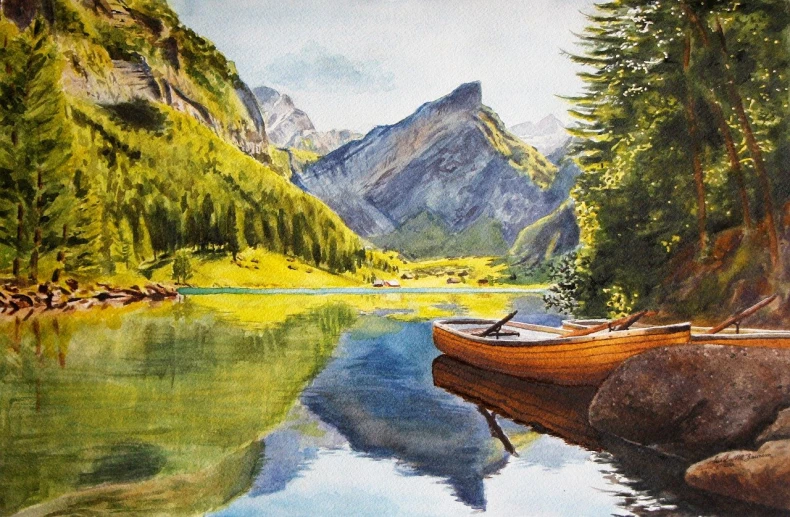 a painting of a boat on the shore of a lake, a watercolor painting, by Maler Müller, shutterstock contest winner, photorealism, in a mountain valley, in the style of hans thoma, gouache illustration, a beautiful artwork illustration