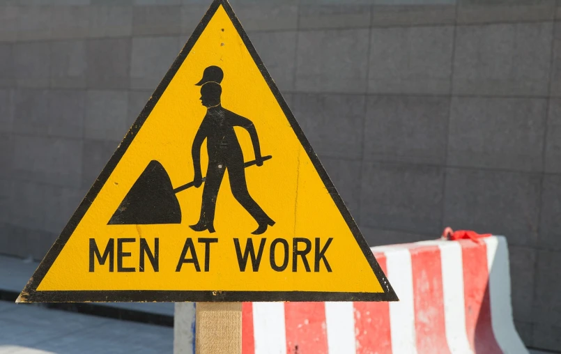 a yellow sign that says men at work, 🕹️ 😎 🚬, istock, manly, menacing!!!