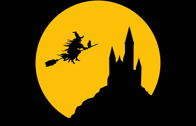 a silhouette of a witch on a broom flying over a castle, yellowish full moon, textless, high res, mystic illustration