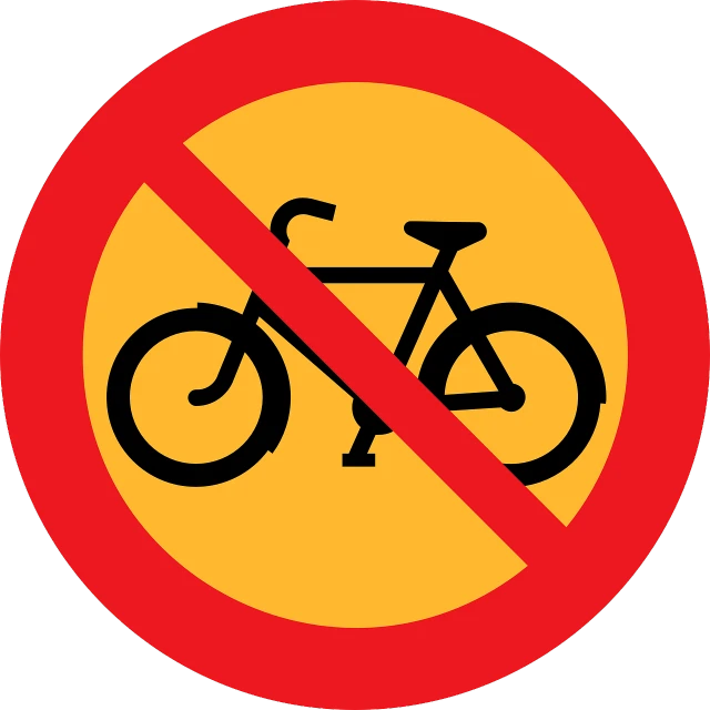 a no bicycle sign on a white background, pixabay, bauhaus, red yellow, no gradients, made with illustrator, orthodox