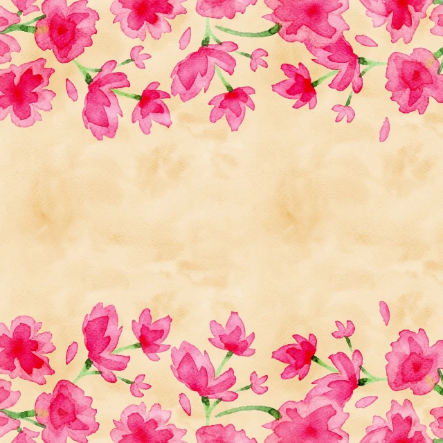 a watercolor painting of pink flowers on a yellow background, inspired by Katsushika Ōi, flickr, decorative border, ballroom background, textured parchment background, 8k!!