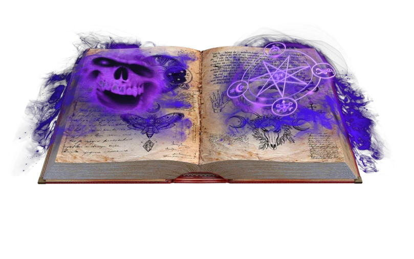 an open book with a drawing of a skull on it, digital art, gothic art, glowing magic sigils, purple magic, pentacle, wallpaper mobile