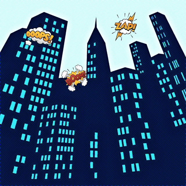 a cartoon plane flying over a city at night, a comic book panel, inspired by Lichtenstein, pop art, jumping leaping heroic attack, pizza skyscrapers, photo illustration, hyper detail illustration