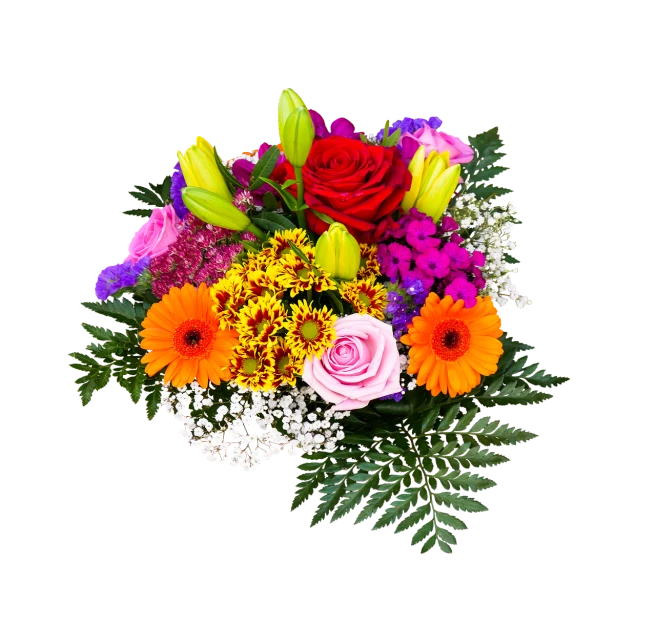 a bouquet of flowers on a black background, a picture, productphoto, high detail product photo, viewed from above, cheerful colours