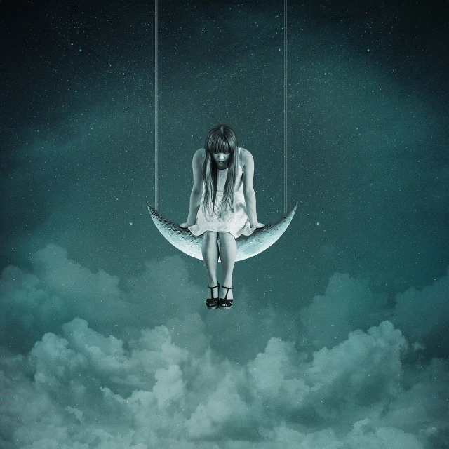 a woman sitting on a crescent in the sky, digital art, late night melancholic photo, pulling strings, very sad emotion, illustration