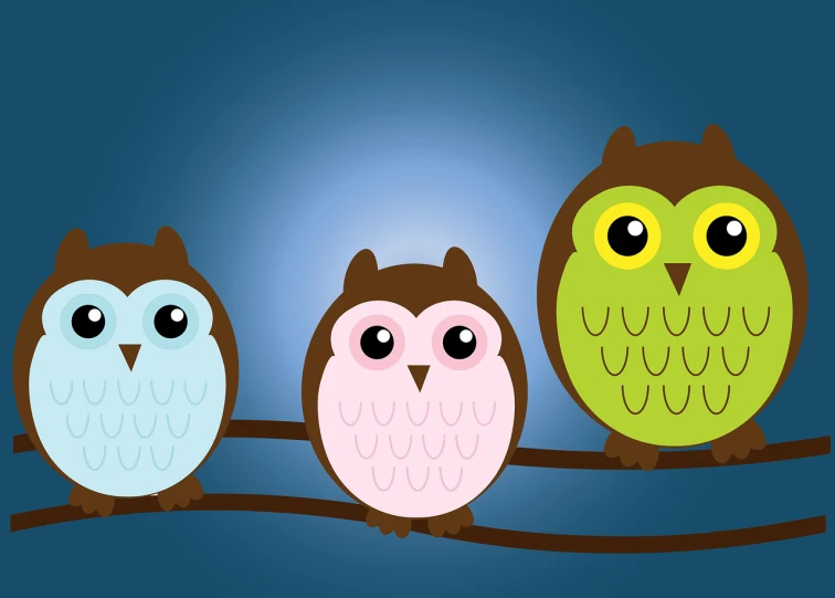 a group of three owls sitting on a branch, by Matthew D. Wilson, trending on pixabay, minimalism, cute colorful adorable, nite - owl, with a blue background, in a row