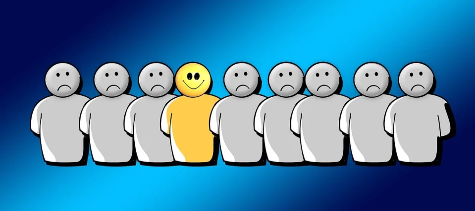 a group of people with faces drawn on them, a cartoon, by Tom Carapic, trending on pixabay, smiley face, cel-shaded, complaints, with yellow cloths