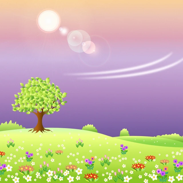 a tree sitting on top of a lush green hillside, a picture, by Ikuo Hirayama, flickr, naive art, field of flowers background, color vector, soft lilac skies, hot with shining sun