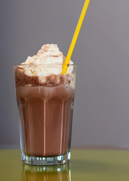a chocolate milkshake with whipped cream and a yellow straw, by Thomas Häfner, pexels, istockphoto, hot cocoa drink, ham, layered