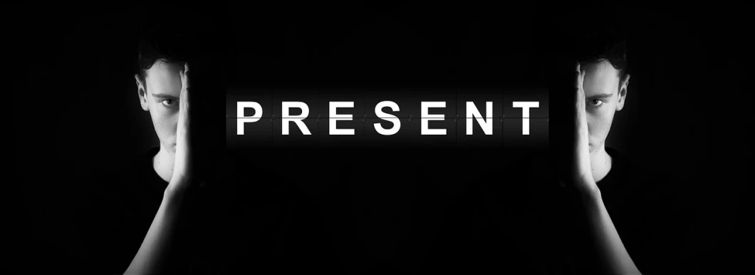 a black and white photo of the word present, an album cover, inspired by Constant Permeke, trending on unsplash, video art, projection design installation, watch photo, cinestill!!, futuristic poster
