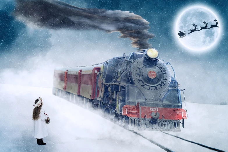 a man standing next to a train in the snow, a matte painting, santa claus, fan art, the wise man is riding on top, white steam on the side