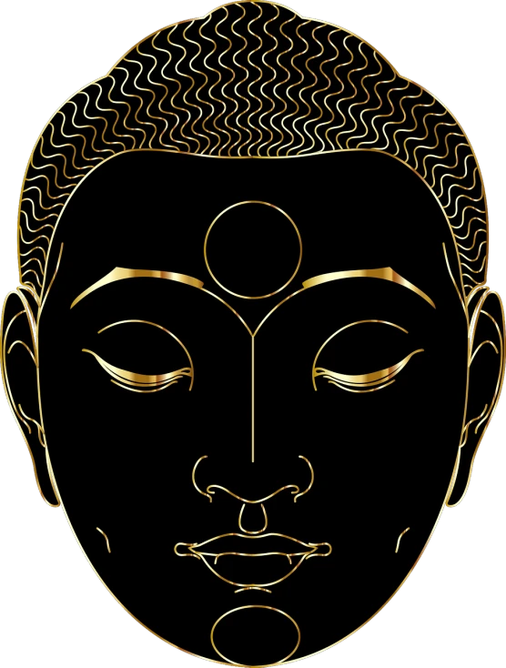 a golden buddha face on a black background, a digital rendering, art deco, illustration black outlining, mystic illustration, thailand, golden ratio illustration