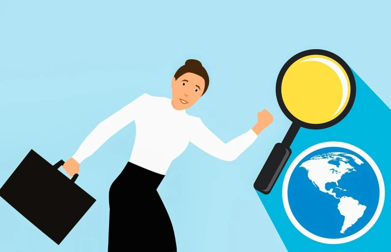 a woman holding a briefcase and a magnifying glass, an illustration of, by Whitney Sherman, trending on pixabay, someone lost job, website banner, trending on attestation, digital art - w 640