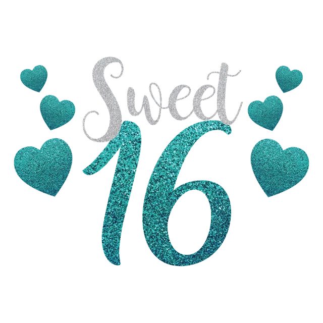 the words sweet 16 surrounded by hearts on a black background, a digital rendering, glitter accents on figure, teal color graded, f 2 0, tshirt design