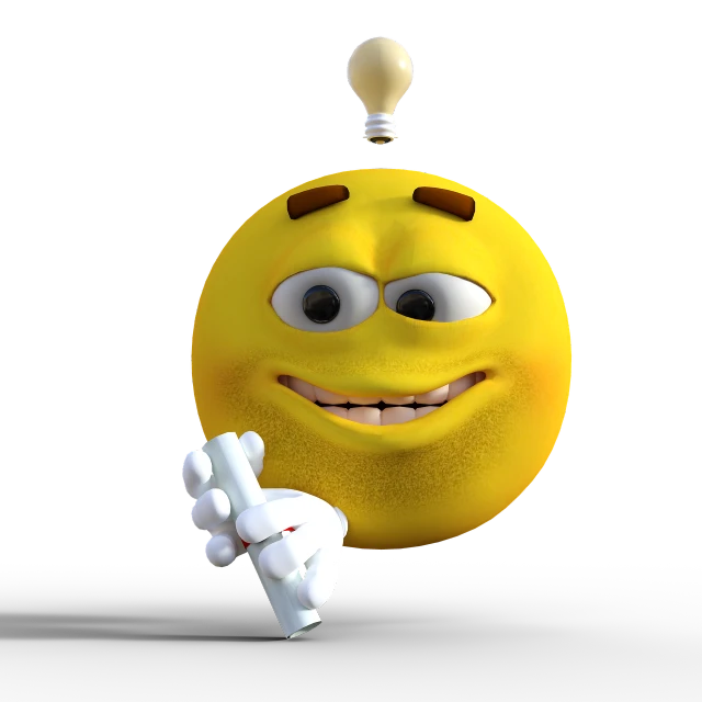 a yellow smiley face with a light bulb above his head, a picture, digital art, 3d character model, with pointing finger, battery, with a black background