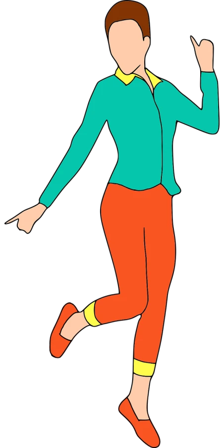 a woman that is jumping in the air, a cartoon, inspired by Asaf Hanuka, trending on pixabay, pop art, red green black teal, walking boy, -step 50, clipart
