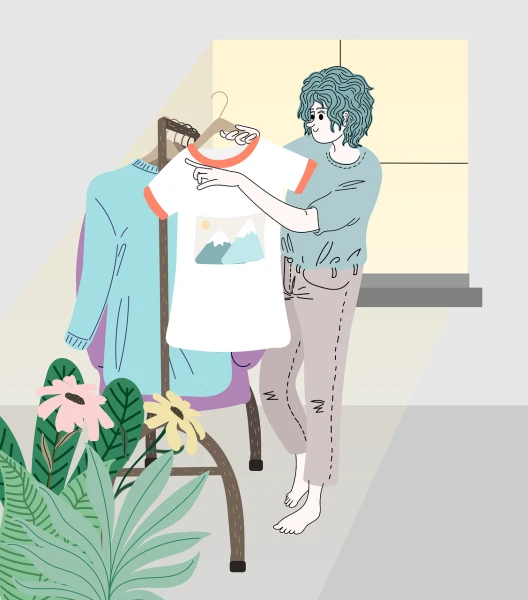 a woman is hanging a t - shirt on a hanger, an illustration of, tumblr, apartment of an art student, shigenori soejima illustration, digital 2d illustration, viridescent at shoulder height