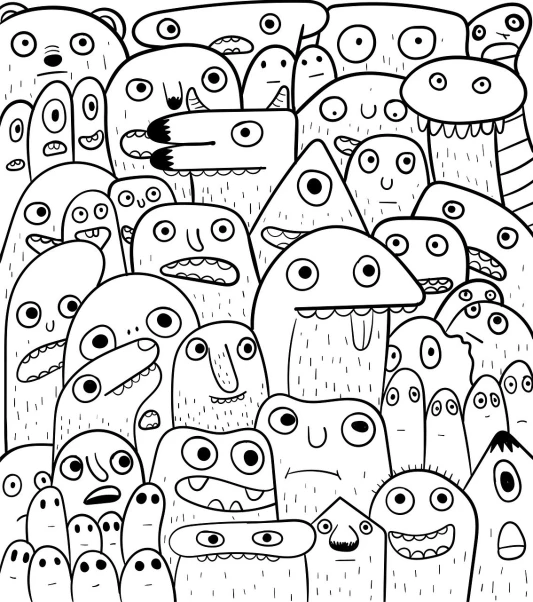 a black and white drawing of a large group of monsters, vector art, pexels, alien fabric, doodle addicts, cute faces, closeup!!!!!!