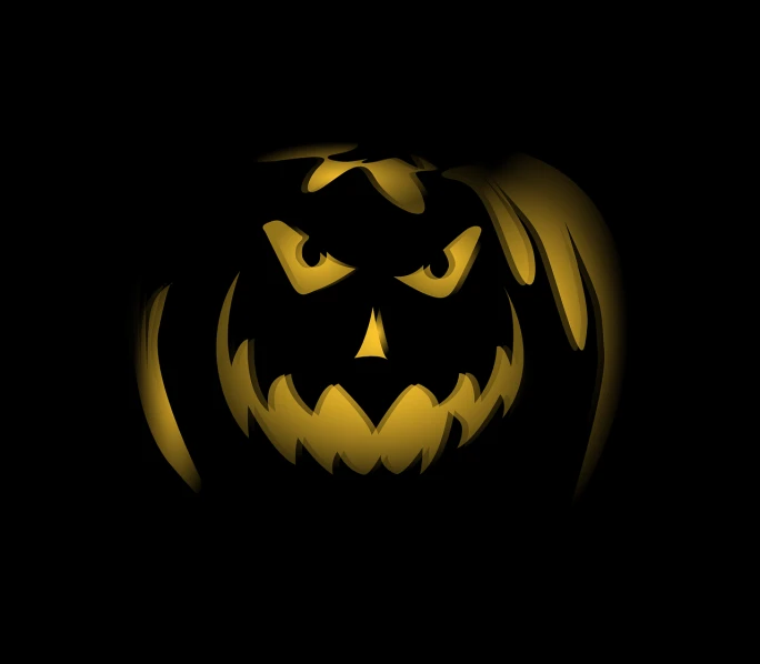 an image of a scary face in the dark, vector art, by Aleksander Gierymski, shutterstock, digital art, pumpkin, golden glow, on a flat color black background, isolated on white background