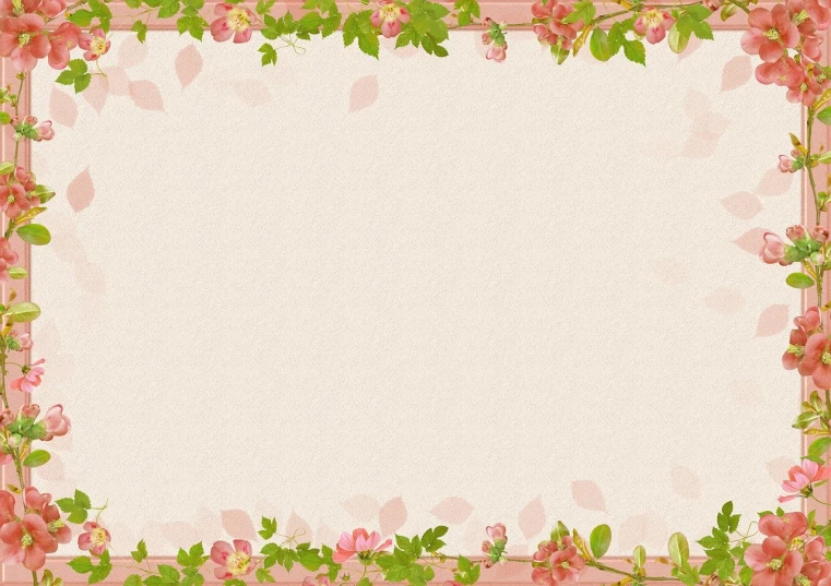 a floral frame with pink flowers and green leaves, a picture, flickr, sōsaku hanga, dull pink background, tileable, light brown background, spring theme