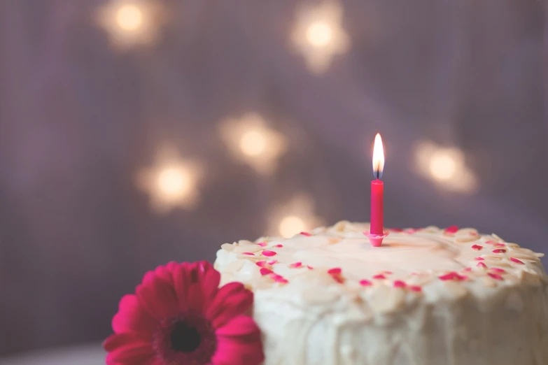 a white cake with a single candle on top of it, a picture, by Rhea Carmi, shutterstock, lights with bloom, years old, bokeh photo, pink