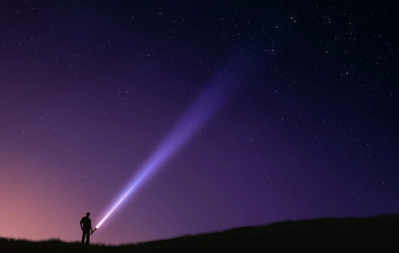 a person standing on top of a hill under a sky full of stars, an illustration of, romanticism, dim flashlight lighting, purple volumetric lighting, break of dawn on neptun, torch light