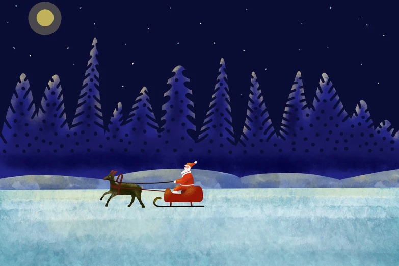 a person riding a sleigh pulled by a reindeer, an illustration of, inspired by Sylvia Sleigh, shutterstock, 2 d gouache illustration, night forest background, right side composition, high res