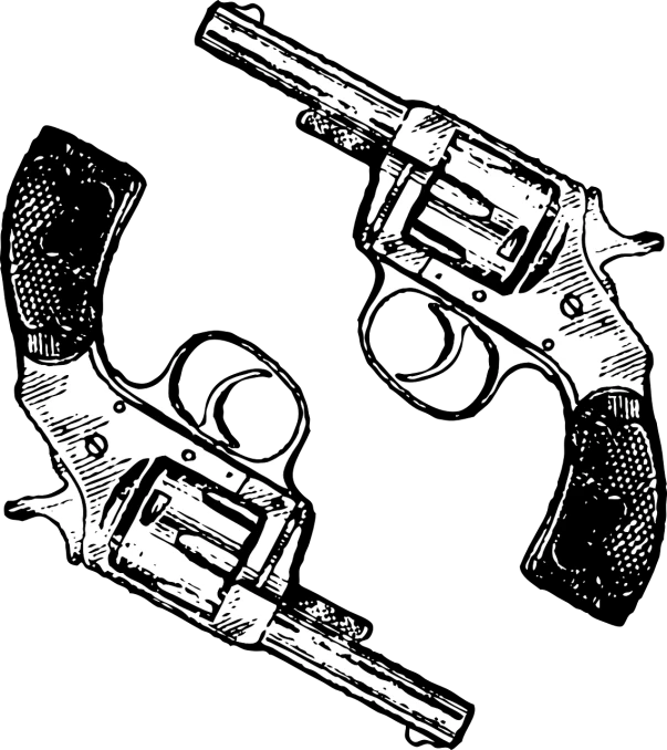 a drawing of two revolvers on a black background, an illustration of, pixabay, sots art, beautiful high contrast woodcut, phone wallpaper, black on white background, portrait n - 9