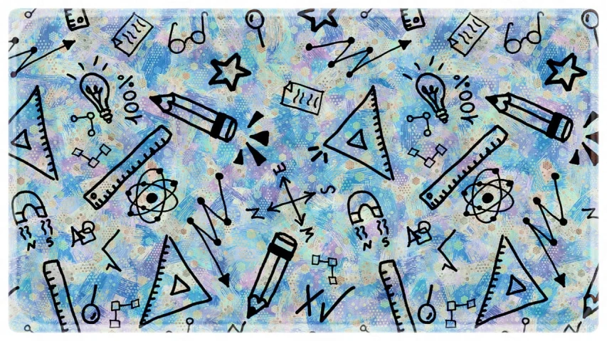 a drawing of school supplies on a blue background, by Scott Samuel Summers, floating symbols and crystals, geometric dripped ink background, cosmic microwave background, rug