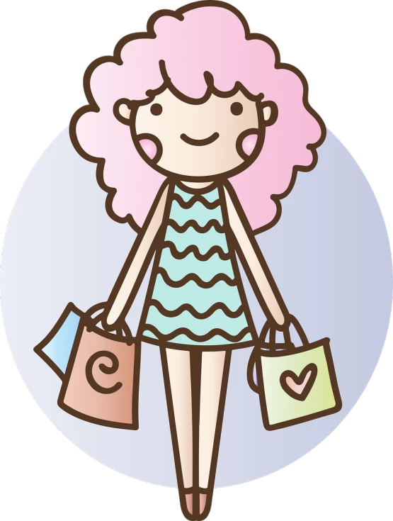 a girl with pink hair holding shopping bags, by Nishida Shun'ei, trending on pixabay, clipart icon, messy curly pastel hair, round, smiles slightly