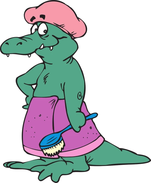 a cartoon alligator with a brush in its hand, an illustration of, deviantart, ugly woman, robe, full color illustration, never seen before