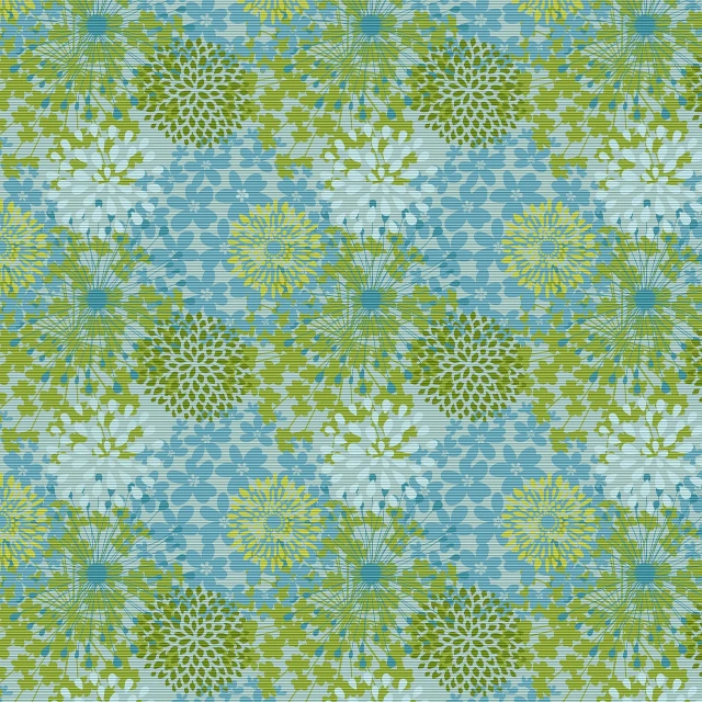 a pattern of green and blue flowers on a blue background, a mosaic, inspired by William Morris, eiko ishioka, meadows, peppermint motif, verdant topiary