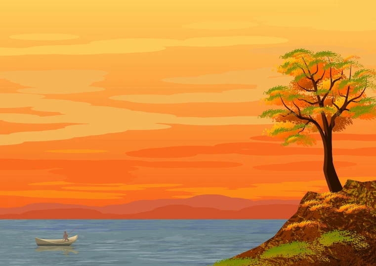 a tree sitting on top of a cliff next to a body of water, inspired by Frederick Edwin Church, conceptual art, sunset illustration, random background scene, boat in foreground, environment design illustration
