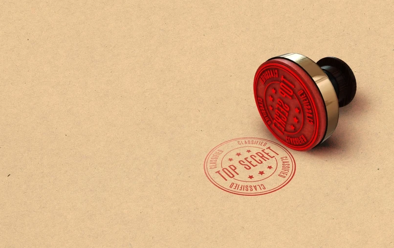 a stamp sitting on top of a piece of paper, a stock photo, by Joe Sorren, trending on pixabay, coin of secret society, red realistic 3 d render, top secret, thedieline