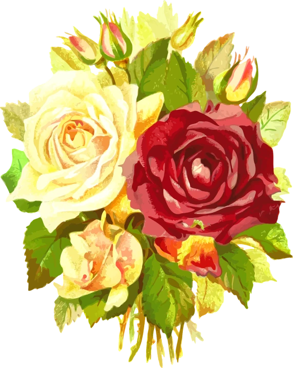 a bouquet of roses on a black background, a digital painting, inspired by François Boquet, pixabay, 😃😀😄☺🙃😉😗, yellows and reddish black, victorian era, red and white flowers