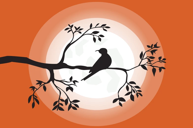 a bird sitting on a branch in front of a full moon, vector art, minimalism, in front of an orange background, on a tree, vector images, winding branches