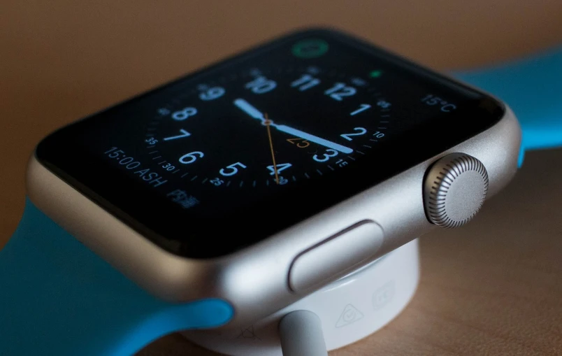 an apple watch sitting on top of a wooden table, by Adam Marczyński, unsplash, deeply hyperdetailed, closeup portrait, clock iconography, shaded