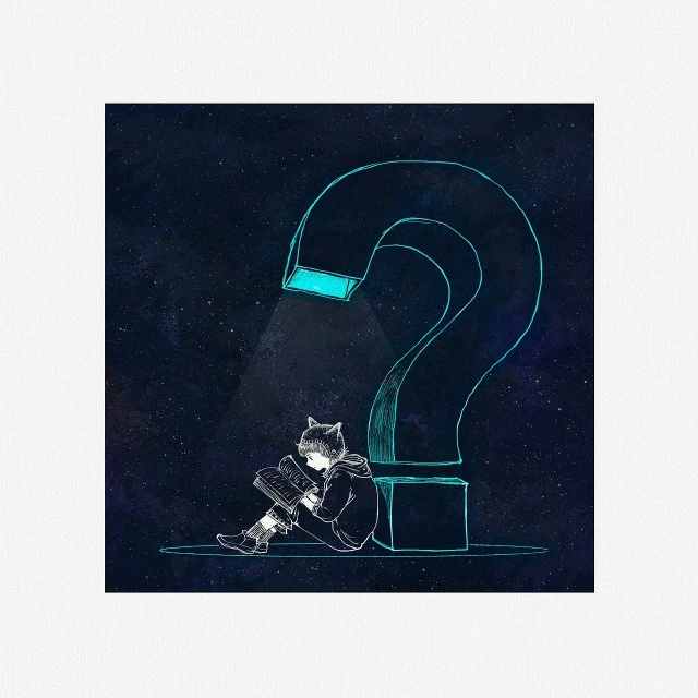 a cat sitting on a chair with a question mark on it, inspired by NEVERCREW, tumblr, serial art, in a space starry, album artwork, dead space artwork, listing image
